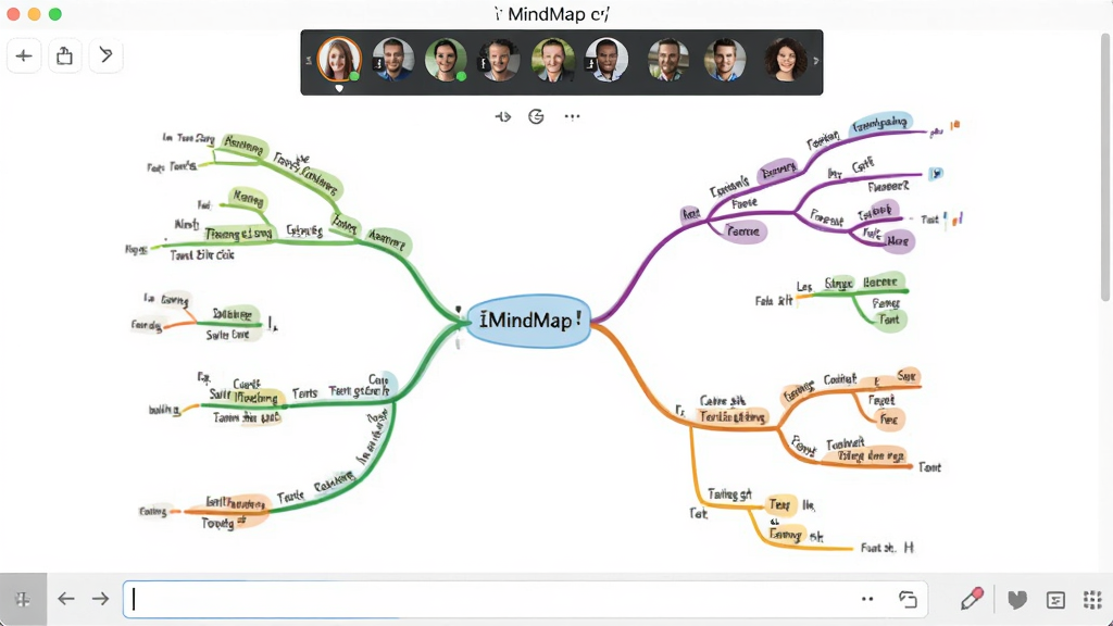 һ��iMindMap����ͷ�Է籩ģʽ�Ľ����ͼ������Ϊ����Э���༭�ĵ�ͼ���棬��Ļ���ж�����ͬ��ɫ�ķ�֧ͬʱ������ÿ����֧������ͬ��Ա���뷨�����涥����Э����Աͷ���б����·�������������񶯸л��ã������������ɾ��޶���Ԫ��