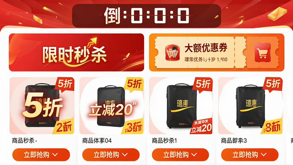 ���壺��APP���Żݻҳ�棬չʾ����ʱ��ɱ���롰����Ż�ȯ��ģ�顣���֣�ҳ�涥��Ϊ����ʱ������·�Ϊ��Ʒ�Ż��б����Ű棺���񲼾֣�ͻ���ۿ۱�ǩ����񣺴������ɫ�����ޣ�ʹ�ú�ɫ�ͻ�ɫ��׺��ϸ�ڣ���ƷͼƬ�ϱ��С�5�ۡ���������20�����������ײ��С�������������ť�����ʣ����壬�ɾ����޶���Ԫ�ء�