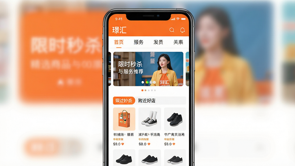 ���壺��APP����Ԥ��ͼ��չʾ��ҳ��ѡ��Ʒ������Ƽ������֣��ֻ��������У���������չʾ���ർ�����ֲ�ͼ����Ʒ�б����Ű棺����ִ�����Ϣ�㼶��������񣺱�ƽ����ƣ�ɫ�����죬�Գ�ɫ�Ͱ�ɫΪ��ɫ����ϸ�ڣ���Ļ����ʾ���㡱APP���ƣ��Լ�����ʱ��ɱ�����������õꡱ��ģ�顣���ʣ����壬�ɾ����޶���Ԫ�ء�