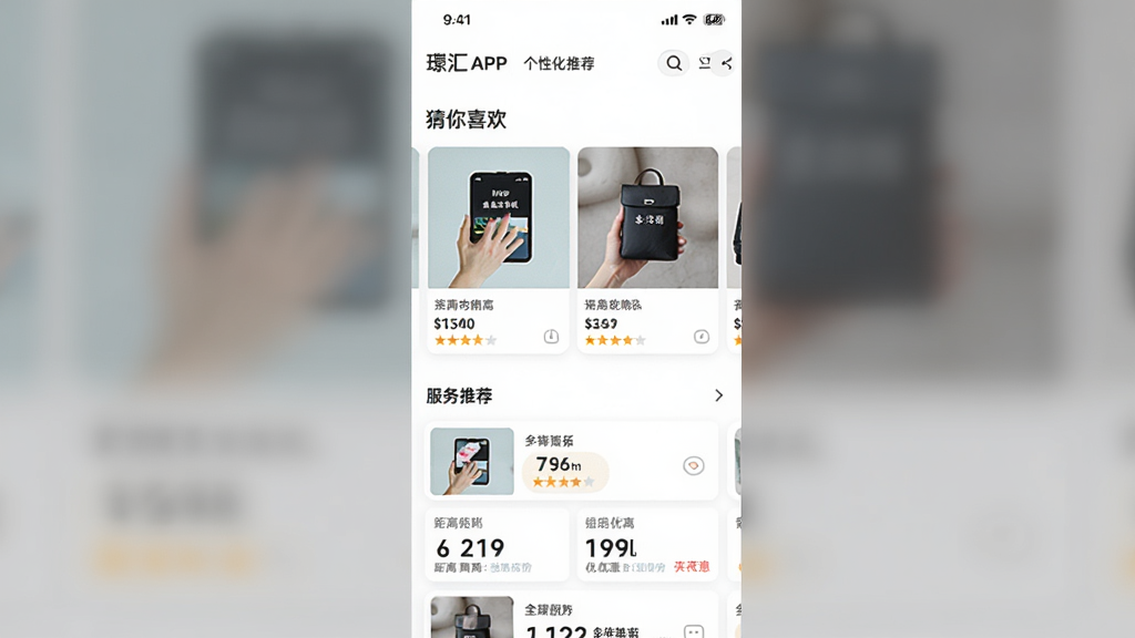 ���壺��APP�ĸ��Ի��Ƽ�ҳ�棬չʾ������ϲ����ģ�顣���֣�ҳ�����¹������Ϸ�Ϊ�Ƽ���Ʒ��Ƭ���·�Ϊ�����Ƽ��б����Ű棺��Ƭʽ���֣�ͼ�Ĳ�ï��������¼�Լ��ͻ����Ʒ�����ͼƬ��ϸ�ڣ���Ʒ��Ƭ����ʾ�۸������֣�����Ƭ��ʾ�������Ż���Ϣ�����ʣ����壬�ɾ����޶���Ԫ�ء�