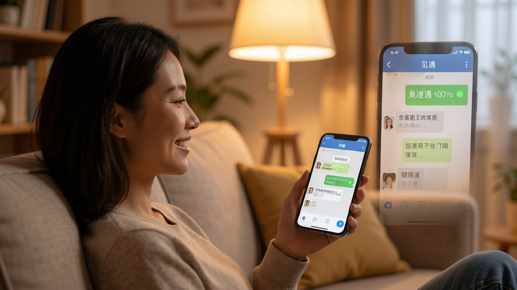 ����ʹ�û���ͼ������չʾ�û��ֳ��ֻ�������ɳ����ʹ�ü���App���죬�ֻ���Ļ��ʾ������棬��Χ������ܰ��ůɫ���ƹ⣬����Ϊ�����Ӱ���ֻ���д���Ű�����������Ȼ��ʵ��ϸ����΢Ц��������ɫ����״̬�����ʸ���ɾ�