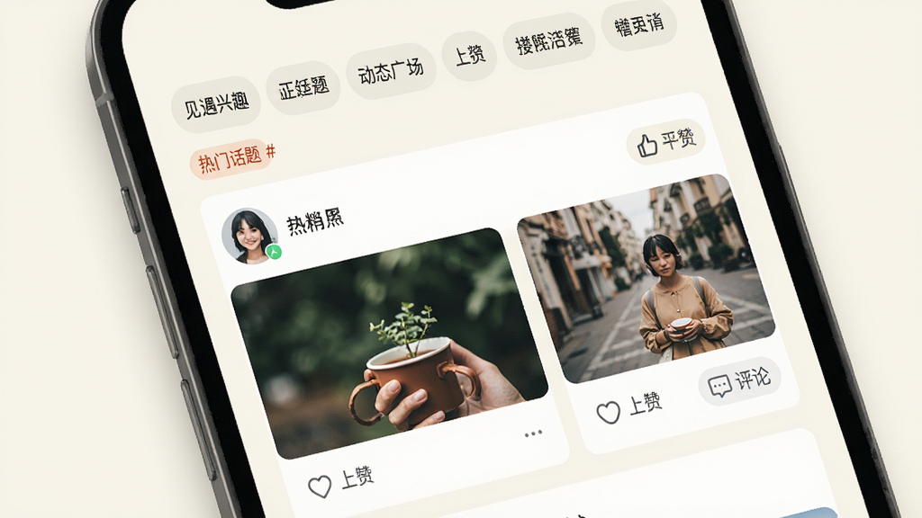 ������Ȥ������̬�㳡���棬����չʾ�ֻ�App�ڵ���Ϣ��ҳ�棬�����л����ǩ�����·�Ϊͼ�Ŀ�Ƭ����Ƭ�����û�ͷ���ǳơ�ͼƬ��������۰�ť������Ϊ�װ�ɫ����Ƭ������ʣ�����������գ�ϸ�������Ż���#��ǩ�����ʸɾ�����