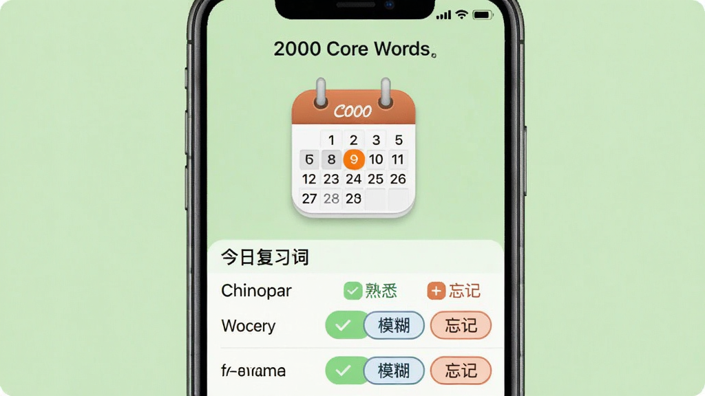 һ���ֻ���ͼչʾ��2000 Core Words���ĸ�ϰ���ѽ��棬����������һ������ͼ�꣬�������г�ɫԲ���ǣ��·��г����ո�ϰ�����б���ÿ�������Ա��С���Ϥ����ģ���������ǡ�������ť������Ϊǳ��ɫ����������ʵ�ã�ͼ���������������廭�ʣ��ɾ��޶���Ԫ�ء�