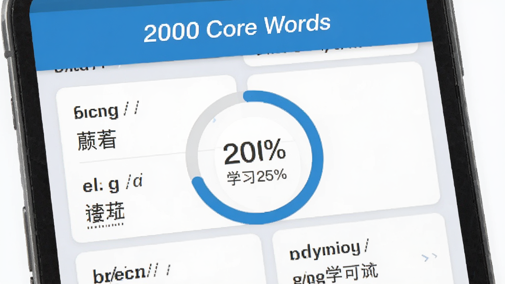 һ�������ֻ���Ļչʾ��2000 Core Words��Ӧ�������棬����������µ�������ɫ��������ʾ��2000 Core Words���������·��ǵ��ʿ�Ƭ�б�����Ƭ�Ϸֱ��ע���ʡ�������������壬�м���һ��Բ�ν��Ȼ���ʾѧϰ��ɶȣ�����Ϊǳ��ɫ�����岼�ּ�����ˣ�����ִ���ƽ�����廭�ʣ��ɾ��޶���Ԫ�ء�