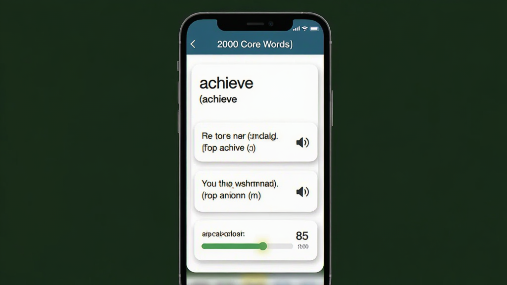һ���ֻ�����չʾ��2000 Core Words���ĵ�������ҳ�������ǵ��ʡ�achieve�������꣬�·����������䣬ÿ���������������Сͼ�꣬���·��Ƿ�������������ʾ85�֣�����Ϊ��ɫ����Ƭ��Ӱ���ԣ�������ɾ�רҵ�����廭�ʣ��޶���Ԫ�ء�