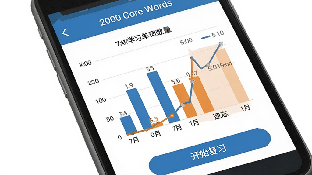һ���ֻ���Ļչʾ��2000 Core Words����ѧϰͳ��ͼ������״ͼ��ʾ��7��ѧϰ��������������ͼ��ʾ�������ߣ�����Ϊ��ɫ��ͼ����ɫΪ��ɫ�ͳ�ɫ�������·��С���ʼ��ϰ����ť���������������������廭�ʣ��޶���Ԫ�ء�