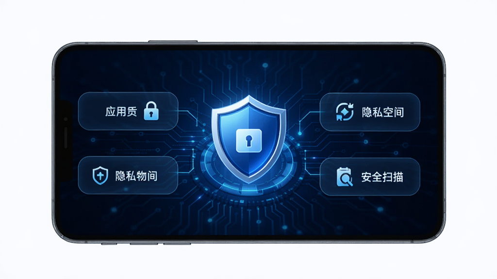 չʾ���輯��˽�������ܽ��棬��Ļ����һ������ͼ�꣬��Χ��Ӧ��������˽�ռ䡢��ȫɨ���ѡ�����Ϊ����ɫ�Ƽ����ͻ����ȫ��Χ�����ʸ��壬�ɾ��޶���Ԫ�ء�