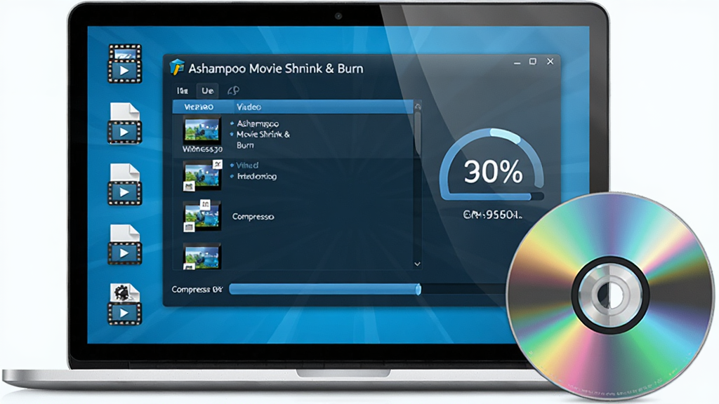 ���壺һ̨�ʼǱ�������Ļ��ʾAshampoo Movie Shrink & Burn�����棬����������Ƶ�ļ��б���ѹ�����������Ա߷���һ�Ź��̡����֣������ڻ������룬�������Ƶ�ļ�ͼ�����У��Ҳ���ʾѹ���ٷֱȡ��Ű棺�����࣬ͼ�����������ֱ�ǩΪ