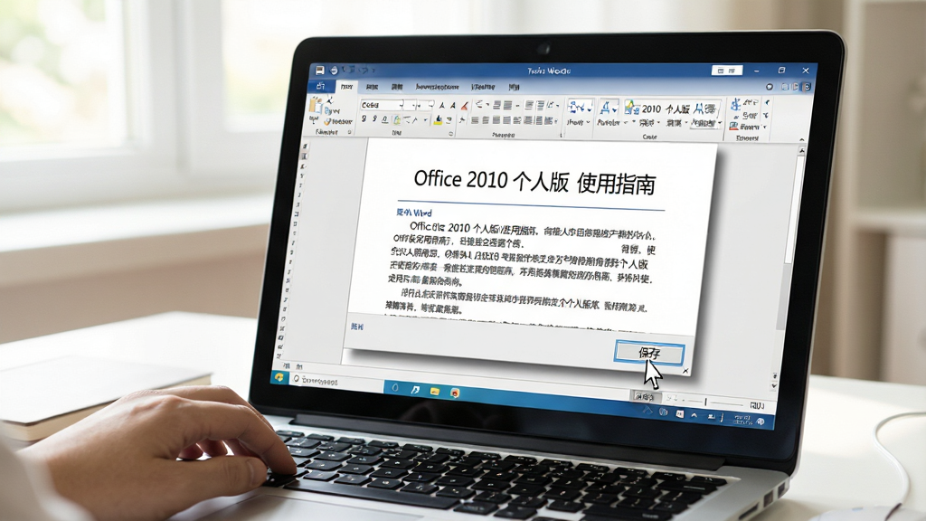 主体:一台笔记本电脑正在运行Office 2010个人版Word文档。布局:电脑屏幕占据画面主体,键盘处有手部操作。排版:屏幕显示文字“Office 2010 个人版 使用指南”,下方有段落文本。风格:明亮的室内场景,自然光,舒适办公氛围。细节:鼠标指针停留在“保存”按钮上,窗口边缘有阴影。画质:清晰,干净,无多余元素。