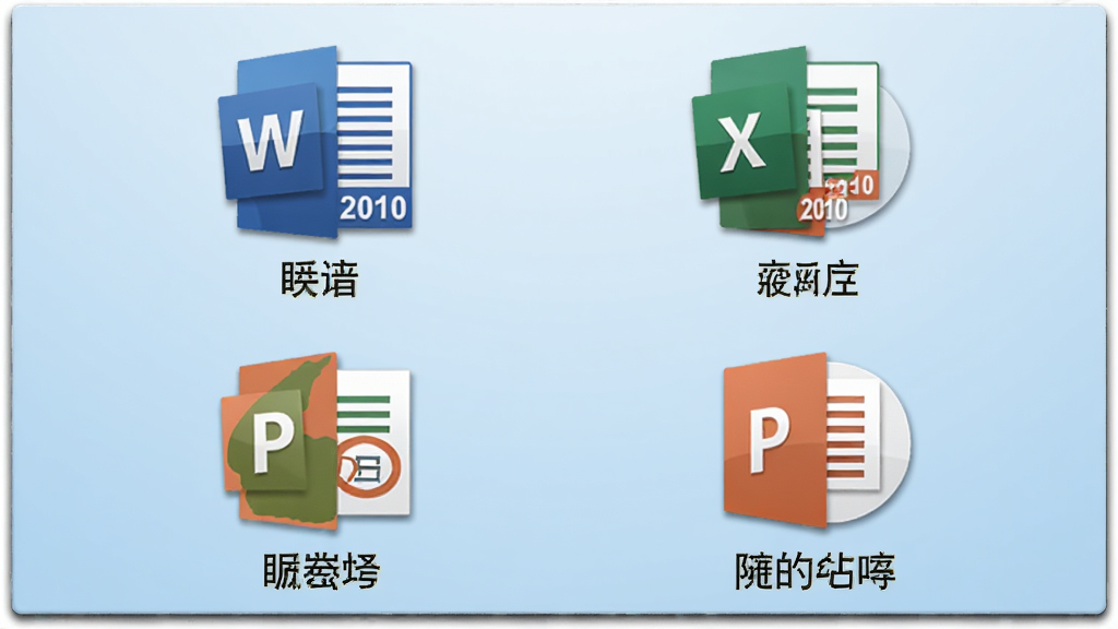 主体:Office 2010 个人版软件界面,包含Word、Excel、PowerPoint图标。布局:四个图标呈2x2网格排列,背景为淡蓝色渐变,居中构图。排版:图标下方各配一行中文名称,整体简洁大气。风格:现代扁平化设计,色彩明亮,突出办公氛围。细节:图标上带有“2010”字样,界面边缘有轻微阴影,增强立体感。画质:高清渲染,干净,无多余元素。