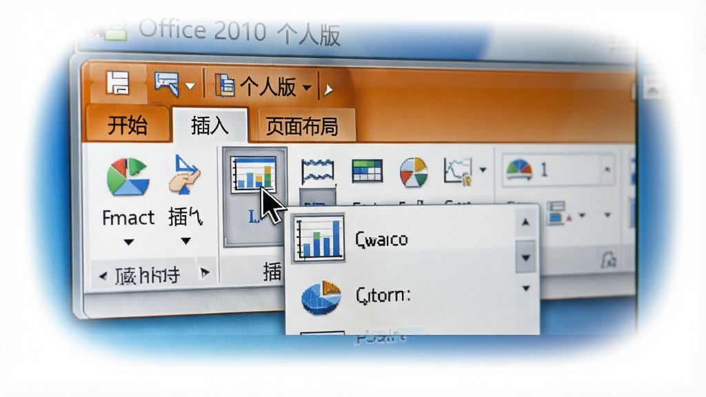 主体:电脑屏幕显示Office 2010个人版Ribbon工具栏。布局:屏幕居中,工具栏放大展示,周围有柔和光晕。排版:工具栏上的选项卡清晰可见,如“开始”“插入”“页面布局”。风格:写实屏幕截图风格,光线自然。细节:光标悬停在“插入”选项卡上,下拉菜单展开,展示图表选项。画质:高清晰度,干净,无多余元素。