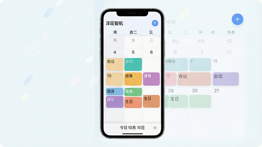 ͼƬ���壺��͢�Ǻ�Ӧ���ճ̹������ܽ��棬��Ļ��ʾ����ͼ��������ͬʱ����ò�ɫɫ���ע�����֣��ֻ�����չʾ������ռ����Ļ��Ҫλ�ã����������������Ű棺ɫ������ʾ�����顱�������������ա��ȼ�����֡������ˬ��ǳɫ������Բ�ǿ�Ƭ��ơ�ϸ�ڣ��������Ͻ��С�+�������Ӱ�ť���ײ��н������ڡ����ʣ��������ȣ��ɾ����޶���Ԫ�ء�