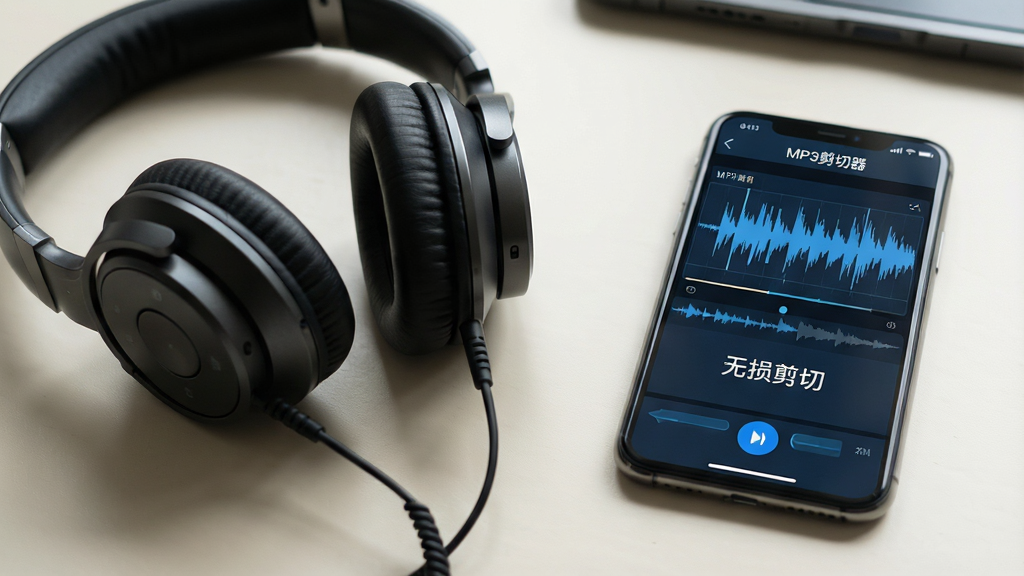 主体:一副耳机放在桌面上,旁边手机屏幕显示MP3剪切器软件正在处理音频。布局:耳机与手机错落放置,耳机在左,手机在右。排版:手机界面中显示波形和“无损剪切”字样。风格:写实摄影风格,柔和光线。细节:耳机线自然垂落,界面蓝色高光。画质:高清,干净,无多余元素,手机界面文字为“MP3剪切器”。