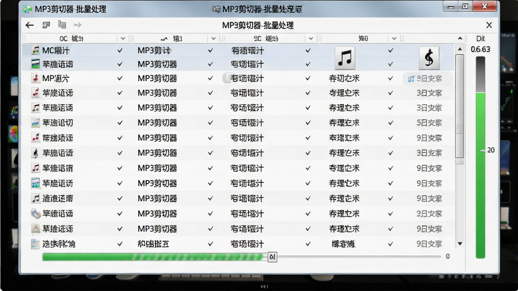 主体:电脑屏幕上MP3剪切器软件列表中有多个音频文件,同时处理进度条移动。布局:界面列表占满屏幕,右侧有进度条。排版:列表行清晰,文件名有序排列。风格:简洁商务风格,浅色背景。细节:进度条绿色,文件名黑色。画质:高清,干净,无多余元素,界面标题为“MP3剪切器-批量处理”。