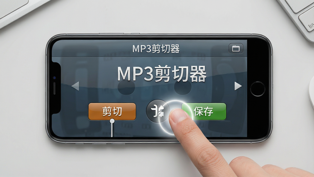 主体:手机横屏显示MP3剪切器界面,手指点击剪切按钮。布局:手机居中,背景为浅灰色桌面。排版:界面简洁,有“剪切”“保存”按钮。风格:拟物化风格,细节丰富。细节:手指点击处有光晕效果。画质:高清,干净,无多余元素,界面文字为“MP3剪切器”。