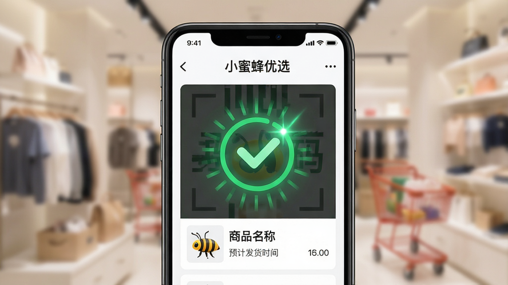 ���壺һ����д���ֻ���Ļ����Ļ����ʾ��С�۷���ѡ���������ɨ��ɹ����棬��һ���򹴵���ɫ�ԺŶ�����������ʾ��Ʒ���ƺ�Ԥ�Ʒ���ʱ�䡣���֣��ֻ���Ļ���У�����Ϊ�黯�Ĺ��ﳡ�����Ű棺������Ϣ�㼶�������������������дʵ���ƽ��ϣ��Ƽ���ǿ��ϸ�ڣ��ԺŶ����з���Ч������ƷͼƬ������������͡����ʣ�������Ⱦ���ɾ��޶���Ԫ�ء�