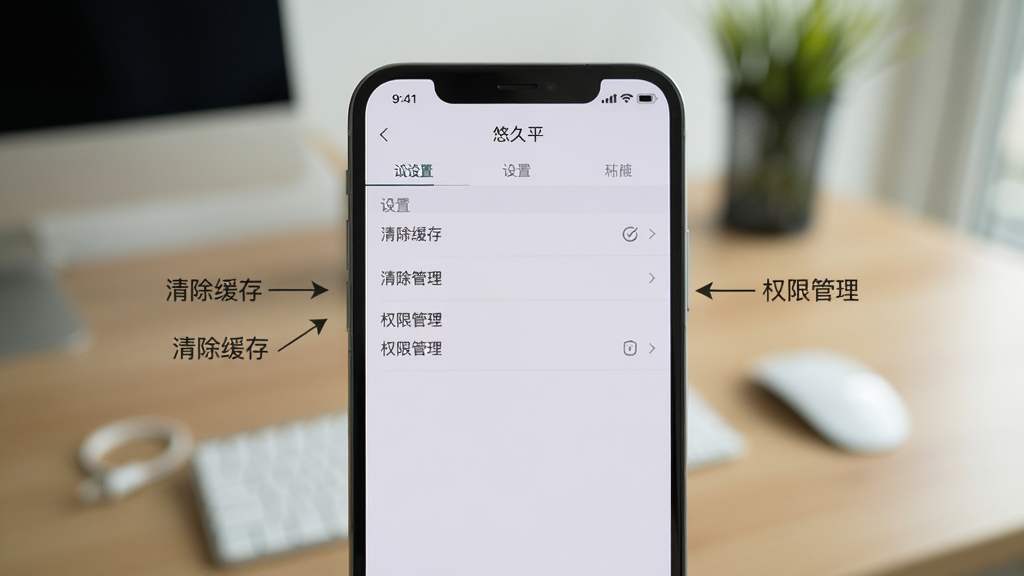 主体为一部手机屏幕显示“悠久平”应用设置菜单,背景为模糊的桌面,布局为手机居中特写,风格写实,细节标注出“清除缓存”和“权限管理”选项,画质高清,干净无多余元素