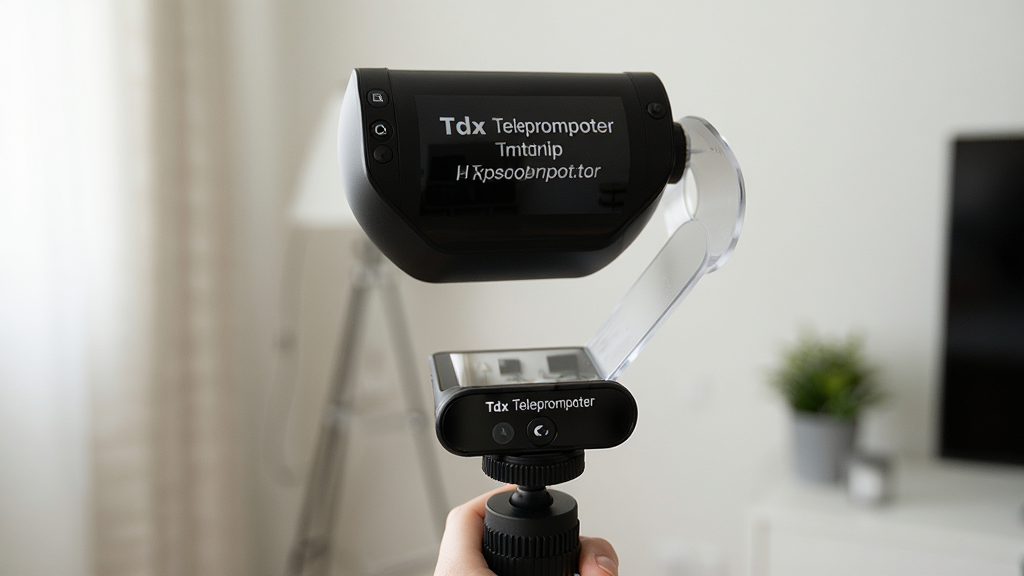 手机拍摄视频时使用Tdx Teleprompter提词器的场景,屏幕显示清晰字幕,背景整洁,光线柔和,画质干净