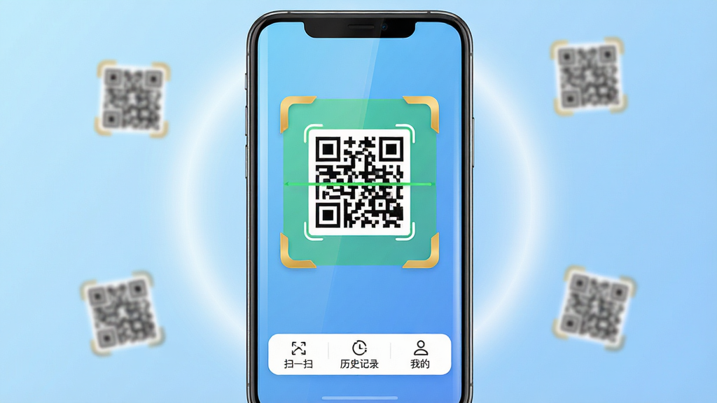 主体:一款智能手机屏幕正显示扫码通用二维码扫描器的主界面,界面中央有一个绿色的扫描框,框内有一个二维码正在被识别,手机下方有“扫一扫”、“历史记录”、“我的”三个功能按钮。布局:手机竖屏居中,背景为浅蓝色渐变,周围有微弱的白色光晕效果。排版:手机屏幕内的界面元素清晰可见,功能按钮排列整齐,扫描框四角有金色角标。风格:现代扁平化设计风格,色彩明亮,科技感十足,画面干净整洁。细节:手机屏幕边缘有高光反射,扫描框内二维码图案清晰可辨,背景中有几个模糊的漂浮二维码元素。画质:8k分辨率,高清晰度,光线柔和,无多余元素。