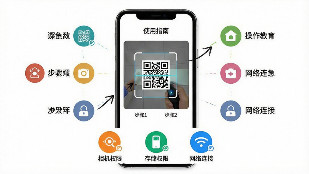 主体:手机屏幕显示扫码通用二维码扫描器的“使用指南”界面,界面中有一个扫码演示动画,手机周围有操作步骤的图标说明。布局:手机居中,界面下方有“相机权限”、“存储权限”、“网络连接”三个图标,分别对应不同的颜色。排版:界面文字清晰,图标排列整齐,动画演示了扫描二维码的过程。风格:教育指导风格,图文并茂,色彩明快,背景为白色。细节:手机屏幕中有扫描框,旁边有手写箭头指示,下方有“步骤1”、“步骤2”等文字标注。画质:高清,干净,无多余元素。