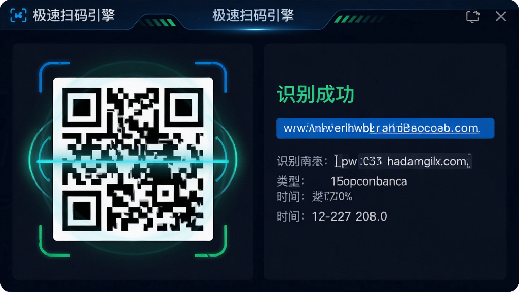 主体:扫码通用二维码扫描器软件的“极速扫码引擎”功能界面,界面左侧有一个二维码图片,右侧显示“识别成功”状态,并显示链接地址。布局:左右分栏布局,左侧二维码图片占40%面积,右侧信息展示占60%面积。排版:左侧二维码图案清晰,右侧信息文字排列整齐,识别结果以蓝色高亮显示。风格:科技感UI设计,深色背景,蓝色和绿色为主色调,界面简洁直观。细节:二维码周围有扫描线动画效果,右侧显示网址、类型、时间等详细信息。画质:高清渲染,细节丰富,色彩对比鲜明,无多余元素。