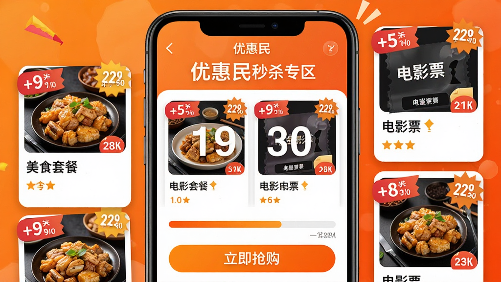 展示优惠民限时秒杀活动的热闹场景,主体为手机屏幕上的秒杀倒计时页面,显示“优惠民”秒杀专区,包含多张商品卡片(如美食套餐、电影票),配有醒目的折扣标签和倒计时数字,背景为橙色渐变,布局紧凑,风格活泼,细节包括进度条和“立即抢购”按钮,画质清晰干净,无多余元素。