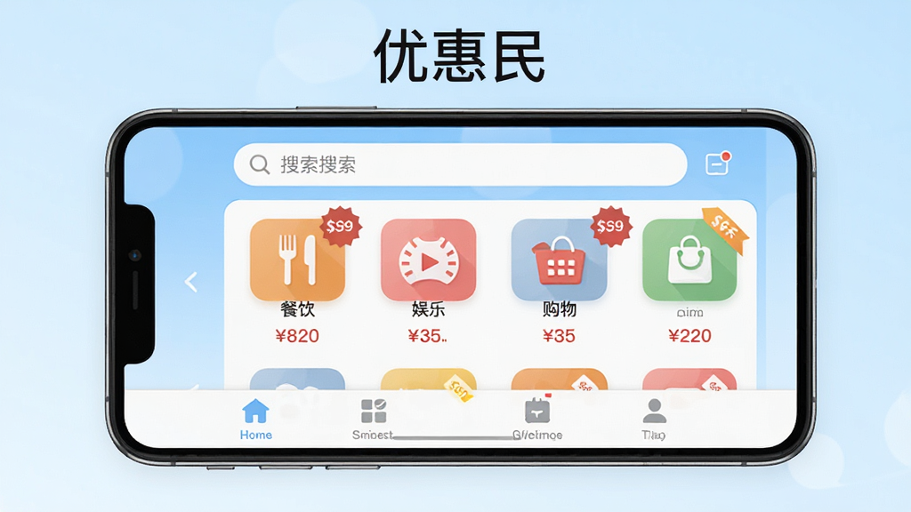 图片展示优惠民APP的完整界面预览,主体为智能手机屏幕,屏幕上清晰显示“优惠民”应用主界面,包含顶部搜索栏、中部分类图标(餐饮、娱乐、购物)以及底部导航栏,背景为淡蓝色渐变,整体布局简洁明快,风格现代扁平化,细节包括价格标签和折扣徽章,画质高清干净,无多余元素,图片中央上方有“优惠民”字样。