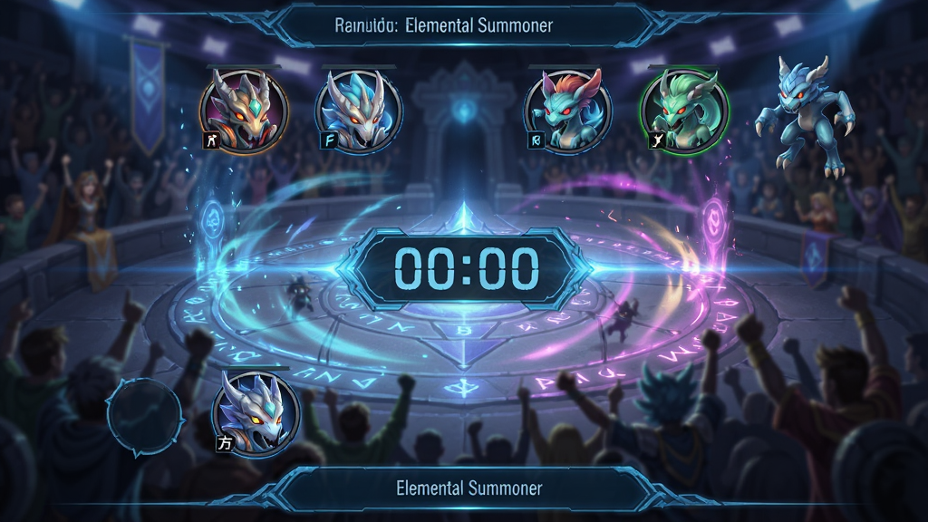 ��Elemental Summoner��ʵʱPVP��ս���ؽ��棬�����Ϊ�����������Ϸ��ǵз������Ϣ����ѡ����ͷ���·����ҷ���Ϣ�������ǵ���ʱ���֣������Ƕ�̬��ħ��������������ϯ����ģ���Ļ�����Ӱ������UI���ÿƼ�����ɫ����ǿ����ս��Χ�����ʸ��壬ϸ�ڷḻ���ɾ��޶���Ԫ��