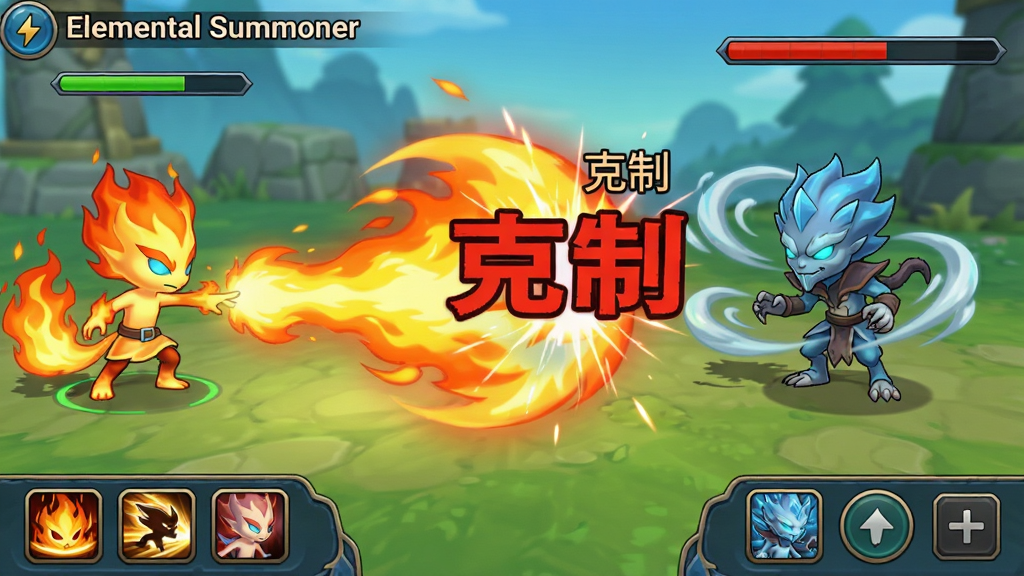��Elemental Summoner����Ϸս�������ͼ���������չʾ�ҷ���ϵ�����ͷ�����籩�����з���ϵ���飬�˺������Ծ޴��ɫ���������������С����ơ�������Ч���Ҳ�з�Ѫ�����������������·��Ǽ��ܿ�ݼ��뾫���л�����UI��Ƽ�����ˣ�������Ϊ��ͨ��Ⱦ����Ч������ɫ�ʱ����������������ɾ��޶���Ԫ��