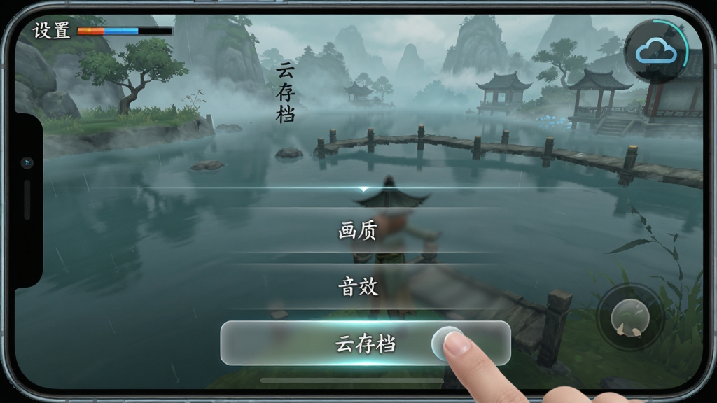 主体:手机游戏界面截图,画面中显示一个设置菜单,菜单上有“画质”、“音效”、“云存档”等选项,背景是游戏内的烟雨湖泊场景。布局:设置菜单占据屏幕下半部分,上半部分显示游戏实机画面。排版:菜单选项以竖排列表呈现,字体清晰。风格:游戏UI风格与水墨画风保持一致,半透明磨砂玻璃质感。细节:一个手指正在点击“云存档”按钮,按钮高亮显示。画质:高清,界面干净,无多余元素。
