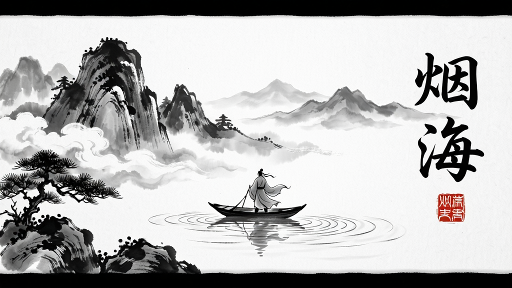 主体:一幅动态的古代水墨画卷横跨屏幕,画面中央是云雾缭绕的青山与一叶扁舟,舟上站着一名古装旅人。布局:采用中国画散点透视,前景为近景的松石,中景为人物与小舟,远景为层叠的山峦与留白天空。排版:画面右侧以竖向书法字体写着“烟海”二字,朱红印章点缀其下。风格:写意水墨风格,墨色浓淡相宜,大量留白,营造出“烟雨朦胧”的意境。细节:山石轮廓有毛笔飞白效果,云雾以淡墨晕染,人物衣袂飘飘,小舟下有细腻的水波纹。画质:8k超高清,宣纸纹理清晰可见,色彩仅黑白灰与少量朱砂红,干净,无多余元素。