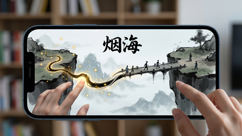 主体:一部智能手机横屏显示游戏画面,屏幕上有一双正在用手指画出一条发光墨线的纤手,墨线化作实体桥梁连接两座悬崖。布局:手机位于画面中央偏下,背景为虚化的书架。排版:手机屏幕内显示“烟海”的游戏logo,简洁大方。风格:写实与游戏画面结合,游戏画面为水墨风,背景为现代家居风。细节:手指划过之处有金色光点散落,墨线逐渐由虚变实,桥梁上出现了行走的小人。画质:4k高清,光影过渡自然,色彩对比鲜明,游戏画面干净,无多余图标。