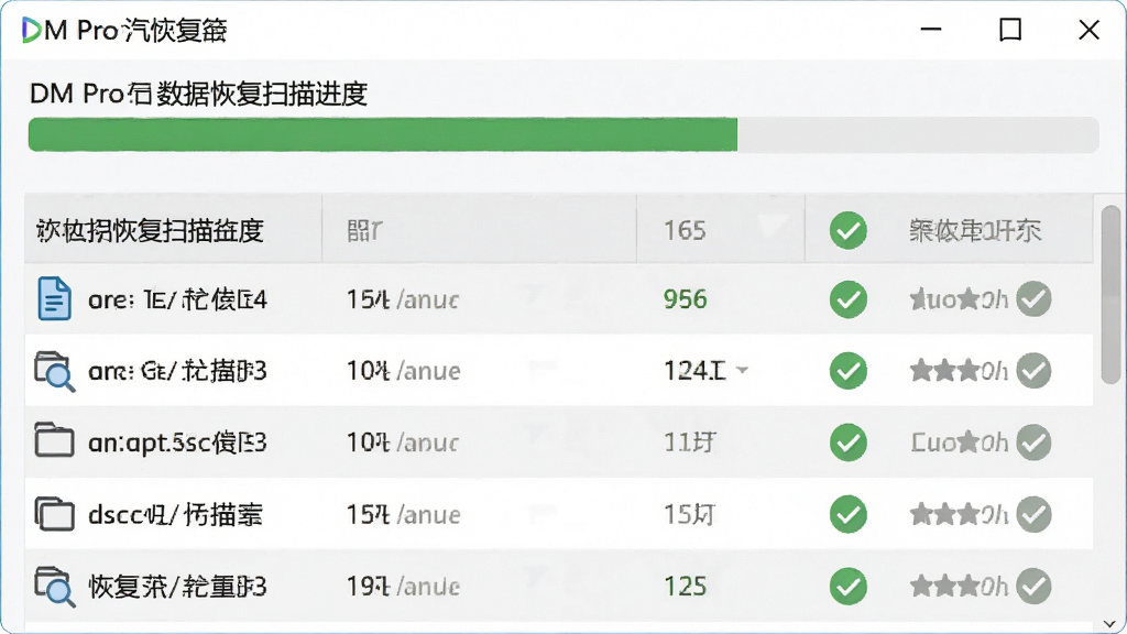 DM Pro���ݻָ�ɨ����������ļ��б����ָ�״̬ͼ�꣬ǳɫ���棬��ɫ�ɹ���ʶ����಼�֣�ϸ�ڷḻ�����ʸɾ�