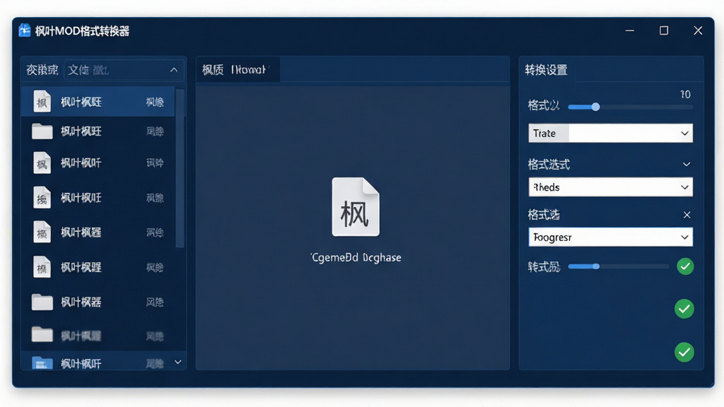 画面中央展示一款名为“枫叶MOD格式转换器”的现代化桌面软件界面,主体为深蓝色调的操作窗口,窗口内清晰显示文件拖拽区域和格式选择下拉菜单,布局简洁明了,排版采用左右分栏结构,左侧为文件列表,右侧为转换设置面板,整体风格偏向科技感与专业感,界面细节包含进度条与绿色对勾图标,画质高清,干净整洁,无多余元素