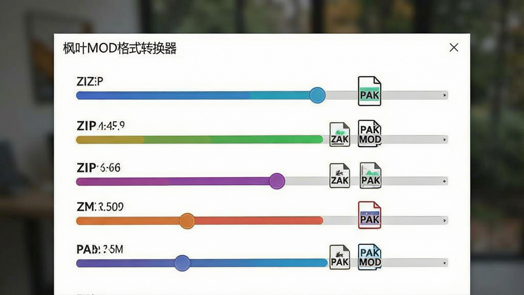 一张“枫叶MOD格式转换器”软件功能运行时的特写截图,主体为格式转换进度界面,多条彩色进度条并行推进,布局以卡片式排列,排版整齐划一,风格简洁明快,细节显示不同格式的图标如ZIP、PAK、MOD正在相互切换,背景虚化处理突出前景,画质细腻,干净无杂物