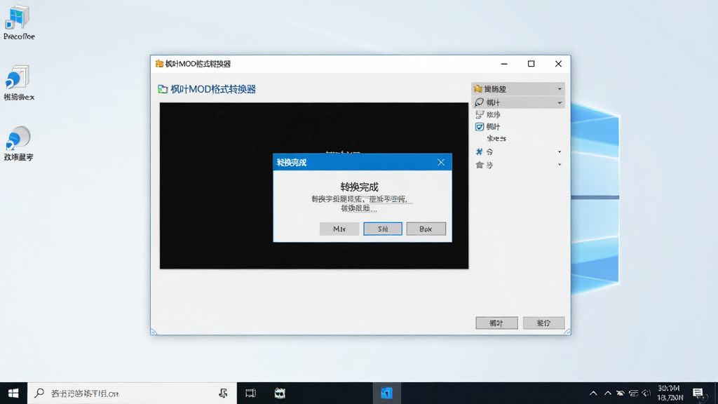 一张“枫叶MOD格式转换器”运行在Windows桌面上的实拍预览图,主体为软件主界面,布局居中显示,排版干净,风格偏向极简主义,细节展示了一个名为“转换完成”的弹窗,画质高清,背景为纯净的桌面壁纸,干净无多余元素