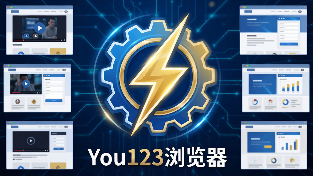 主体:一个高速运转的齿轮和闪电图标组合,背景是数字化的网络线条。布局:主体位于画面中央,周围环绕着多个小型的网页缩略图,代表不同内核的兼容性。排版:齿轮和闪电图标上下排列,下方有“You123浏览器”文字标识,整体视觉重心平衡。风格:科技感插画风格,色彩以蓝色、金色和白色为主,突出速度与稳定。细节:齿轮边缘有光效,闪电图标带有光泽,网页缩略图上显示不同的页面元素,如视频、表单、图表等,所有元素边缘清晰,无模糊。画质:高分辨率,画面干净,无多余文字或杂物。