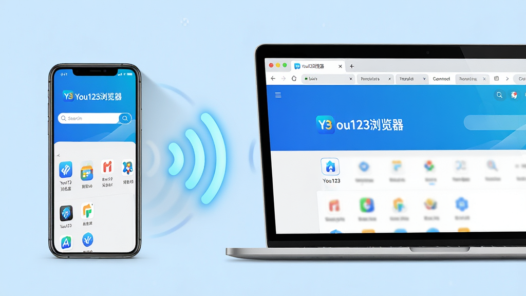 主体:一个智能手机屏幕显示You123浏览器的移动端界面,旁边有一台笔记本电脑,屏幕上也显示着同样的浏览器界面。布局:手机位于画面左侧,电脑位于右侧,两者通过无线符号连接,背景为浅蓝色渐变。排版:手机屏幕上的浏览器界面简洁,有搜索框和几个应用图标,电脑屏幕上的界面更宽,显示多个标签页。风格:写实与科技感结合风格,色彩明亮,以白色和蓝色为主。细节:手机和电脑屏幕上都清晰显示“You123浏览器”字样,无线信号的弧线高亮,画面干净无杂物。画质:高清晰度,光影自然,背景干净无多余元素。
