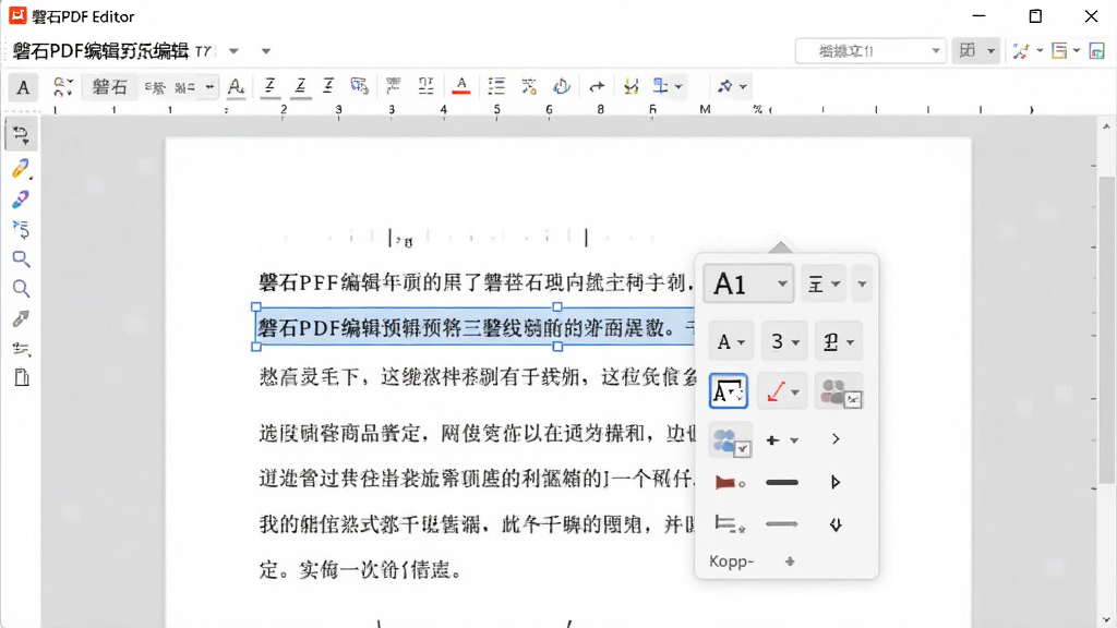 磐石PDF编辑器编辑功能预览图,展示软件中正在编辑一段文字,选中文字后出现浮动工具栏,包含字体、字号、颜色等选项,页面背景为浅灰色,软件界面清晰可见,画质干净,无多余元素