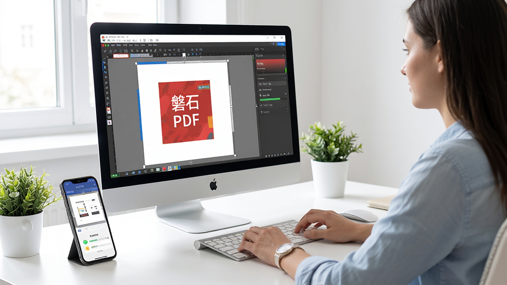 磐石PDF编辑器使用教程场景图,展示一位用户正在电脑前操作软件,屏幕显示编辑界面,旁边有手机显示同步状态,桌面整洁,光线明亮,风格写实,画质干净,无多余元素