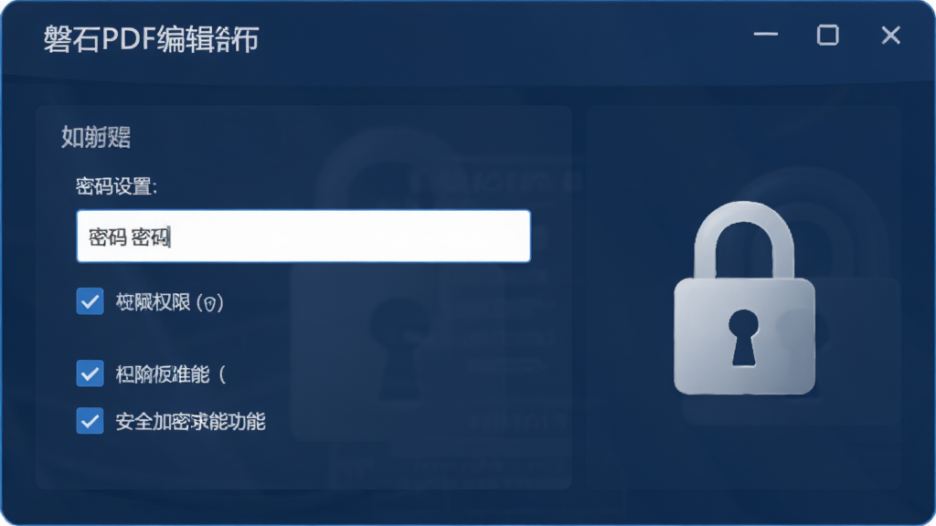 磐石PDF编辑器安全加密功能示意图,展示一个加密设置面板,包含密码输入框、权限勾选选项,旁边有锁定图标,整体色调为深蓝色,风格专业,画质干净,无多余元素
