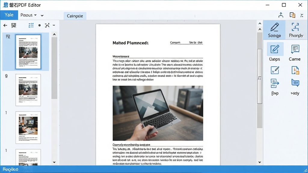 磐石PDF编辑器主界面,展示一个简洁现代的Windows软件窗口,左侧为页面缩略图栏,中间为文档编辑区,显示一篇带有文字和图片的PDF文件,右侧为工具栏,包含编辑、注释、转换等图标,整体布局清晰,色彩以蓝白为主,画质干净,无多余元素