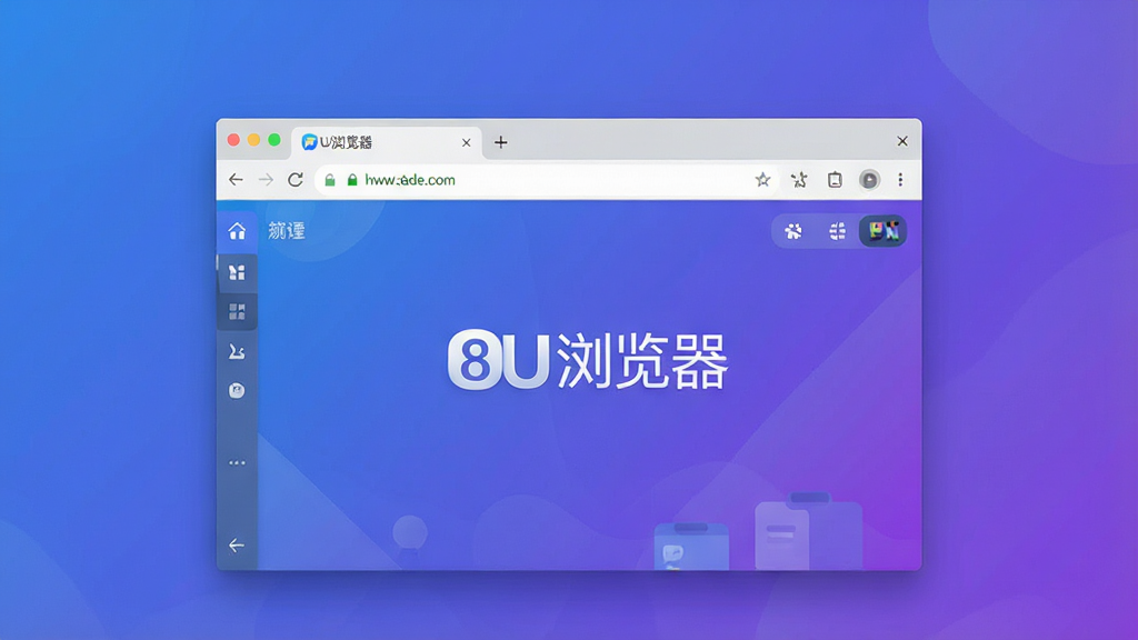 一张现代简约风格的电脑浏览器软件宣传图,主体为“8U浏览器”的界面全屏展示,背景是干净的渐变蓝紫色,浏览器窗口居中显示,包含地址栏、标签页和导航快捷方式,界面布局清晰,排版规整,扁平化设计风格,细节精致,画质高清,干净无多余元素