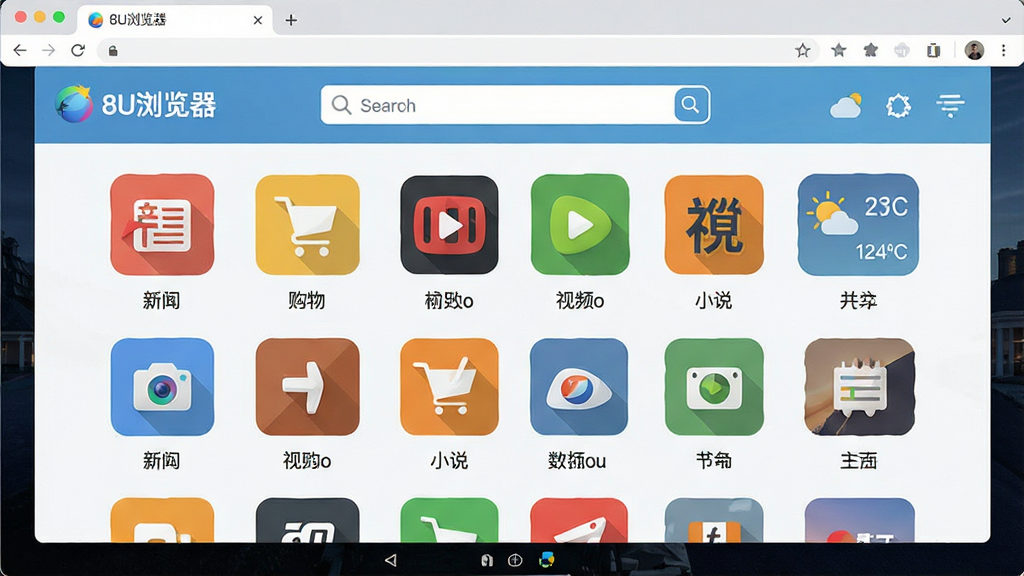 一张“8U浏览器”智能导航页面的电脑界面图,主体为浏览器首页的导航网格,包含新闻、购物、视频、小说等常用网站图标,布局整齐有序,支持自定义壁纸展示,风格清新明亮,扁平化设计,细节处有搜索框和天气小组件,画质干净,无多余元素