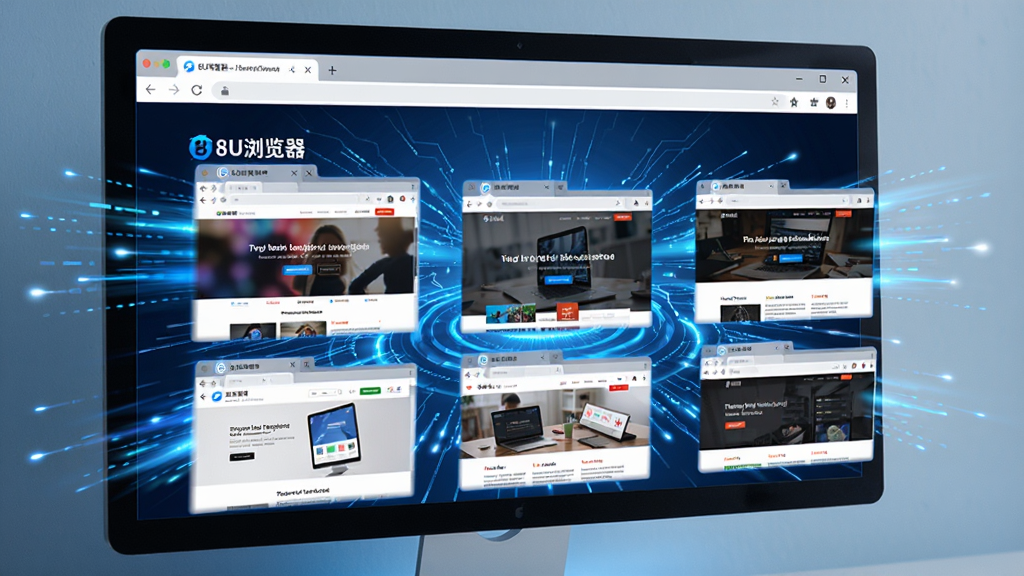 展示“8U浏览器”极速加载功能的电脑截图,主体为浏览器窗口内多个网页标签同时快速打开的动态效果示意,布局采用多标签并列展示,每个标签页有不同网页缩略图,风格科技感强,蓝色调为主,细节体现速度线条和光效,画质清晰,无多余元素