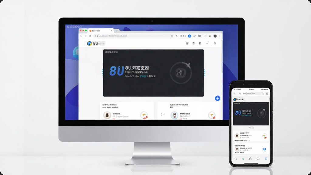 一张电脑与手机并排展示“8U浏览器”使用场景的图片,主体为电脑屏幕显示浏览器界面,旁边放置一部手机同样打开浏览器App,背景简洁明亮,布局左右对称,风格现代,细节体现跨设备同步,画质清晰,无多余元素