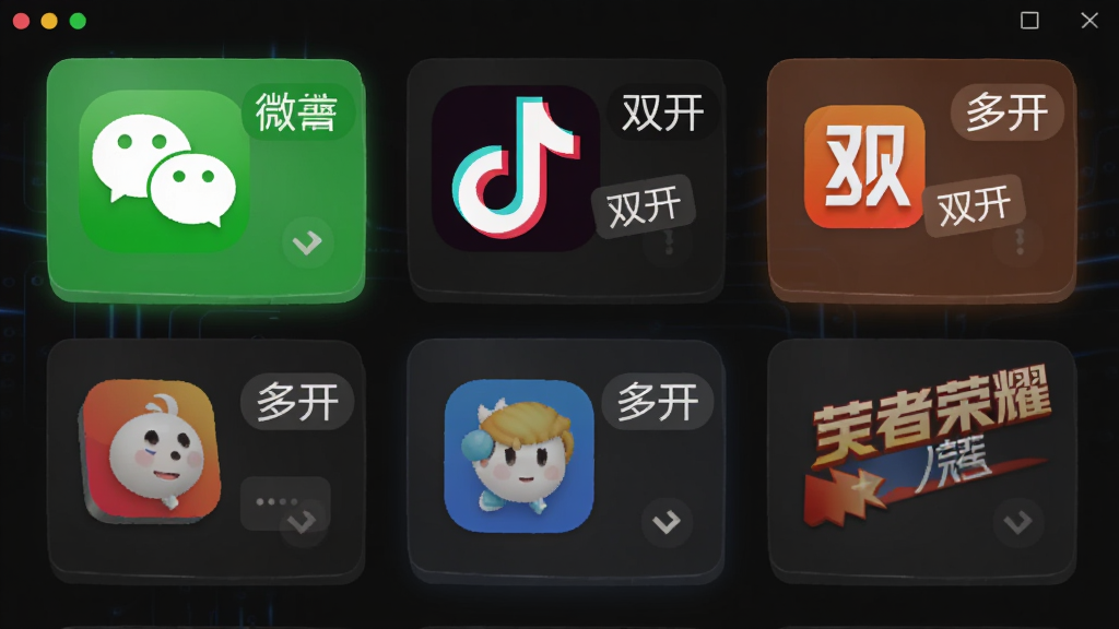 展示微分身术软件主界面的预览图,界面以深色模式为背景,高亮显示微信、抖音、王者荣耀等多个应用的分身卡片,每个卡片上标注着“双开”或“多开”字样,卡片排列整齐,带有微妙的立体阴影效果,风格现代且富有科技感,画质细腻,无多余元素。