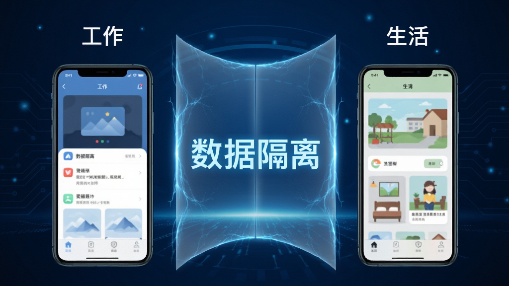 一张体现微分身术数据隔离特性的概念图,画面左侧是标注为“工作”的手机界面,右侧是标注为“生活”的手机界面,两个界面之间由一道半透明的能量隔墙分开,墙面上有“数据隔离”的发光字样,背景为深蓝色科技感光效,构图对称,风格简约,画质高清,无多余元素。