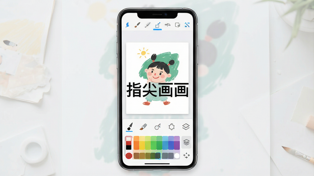 一幅展示指尖画画应用界面全貌的预览图,主体为手机竖屏界面,界面中显示画布、工具栏、颜色选择器,布局简洁大方,排版清晰,风格现代清新,细节包括各种笔刷图标和图层选项,画质高清,干净无多余元素,画面中央标注“指尖画画”字样