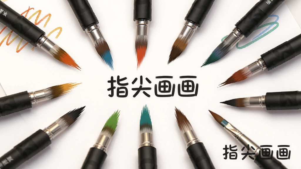 一张展示指尖画画笔刷效果的图片,主体为多支不同笔刷绘制出的线条和色块,布局错落有致,排版富有艺术感,风格鲜艳明亮,细节包括笔刷名称标签,画质细腻,干净无多余元素,图片中标注“指尖画画”字样